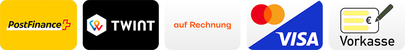 Wir akzeptieren Zahlungen über Postfinance, per Twint, per Rechnung, per Kreditkarte und per Vorkasse